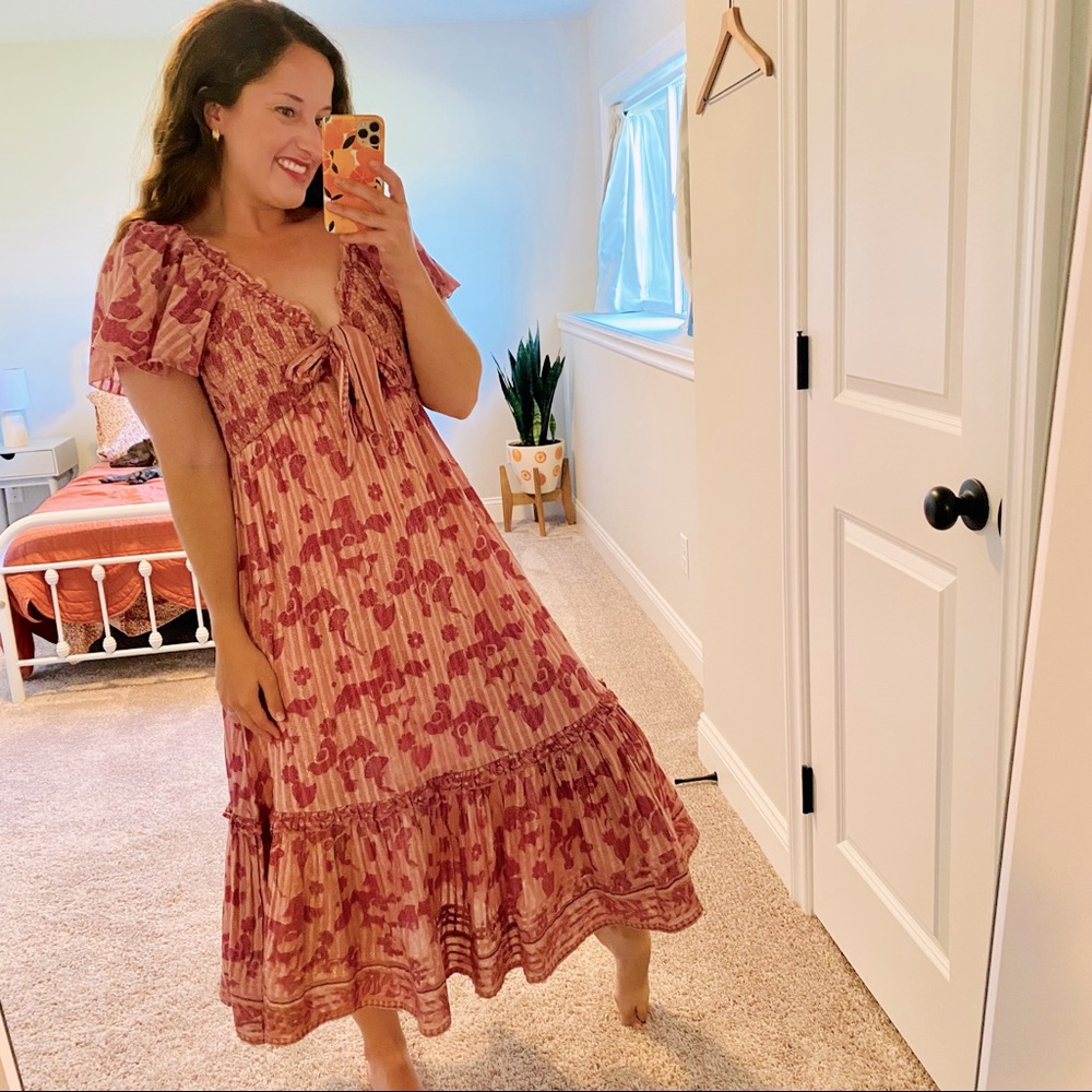 Cleobella Pink Floral Metallic Smocked Maxi Dress Large